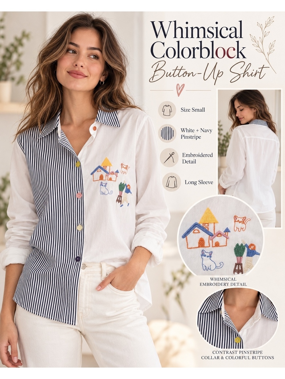 White and Blue Striped Embroidered Button Up Shirt